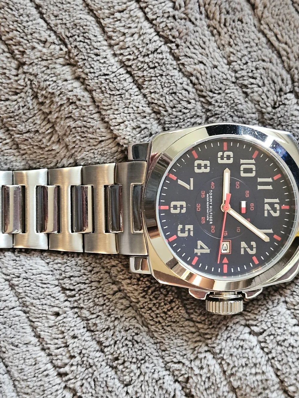 Tommy Hilfiger Men's Silver Bracelet Watch with Blue Dial and Red Accents